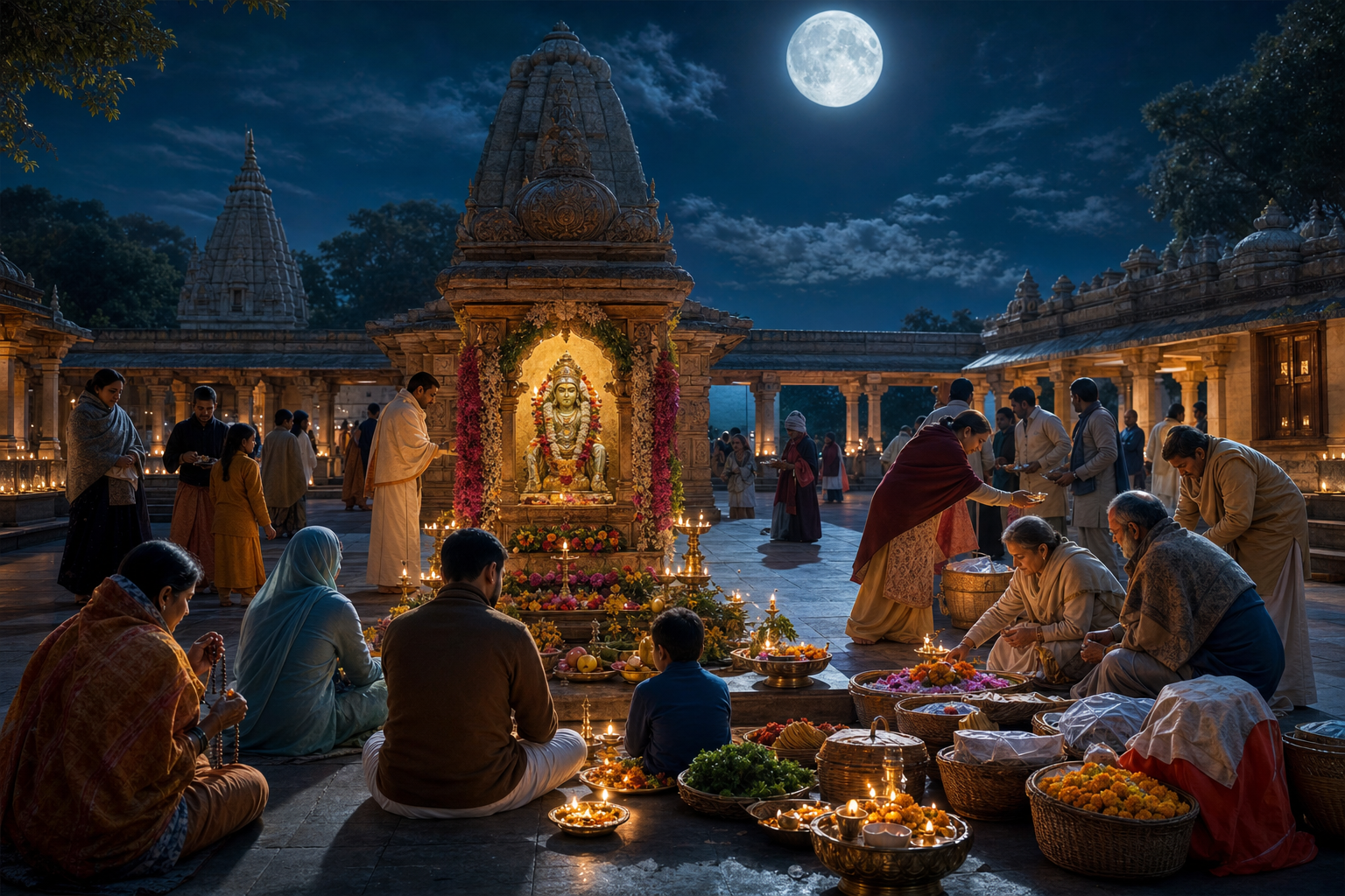 Devotees gather under a full moon at a Vishnu shrine with lamps, tulsi offerings, prayer beads, and baskets prepared for charity.
