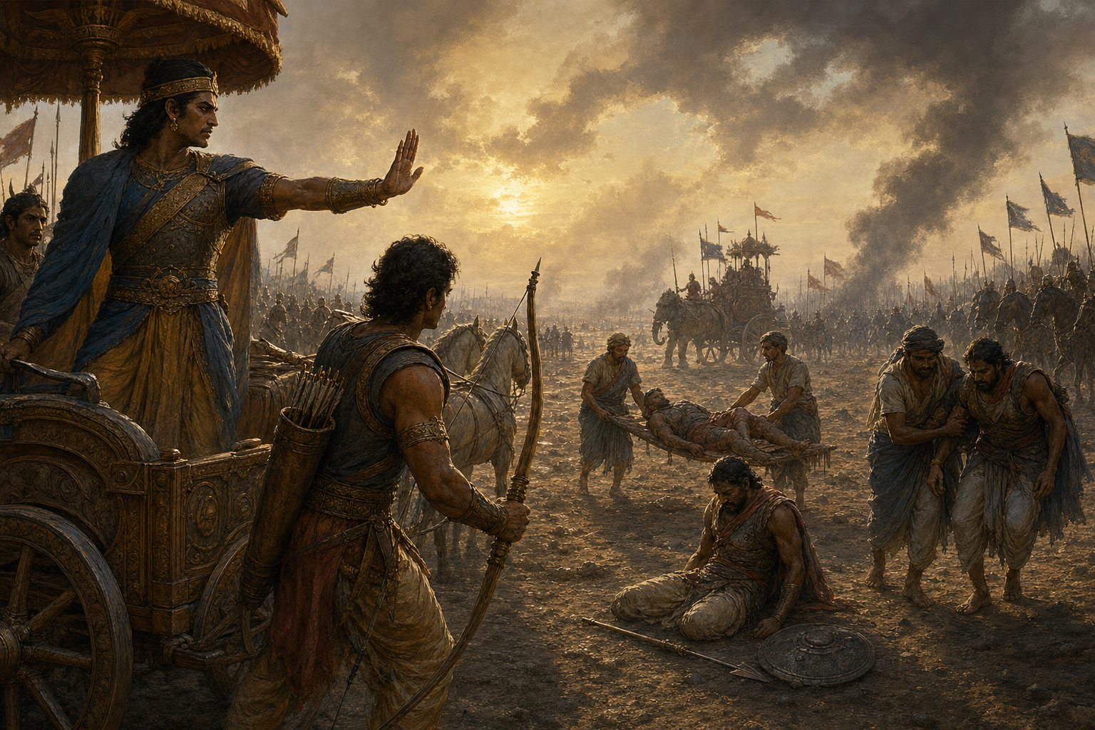 A chariot commander signals an archer to hold fire near a disarmed opponent while attendants carry wounded fighters away from the battlefield.