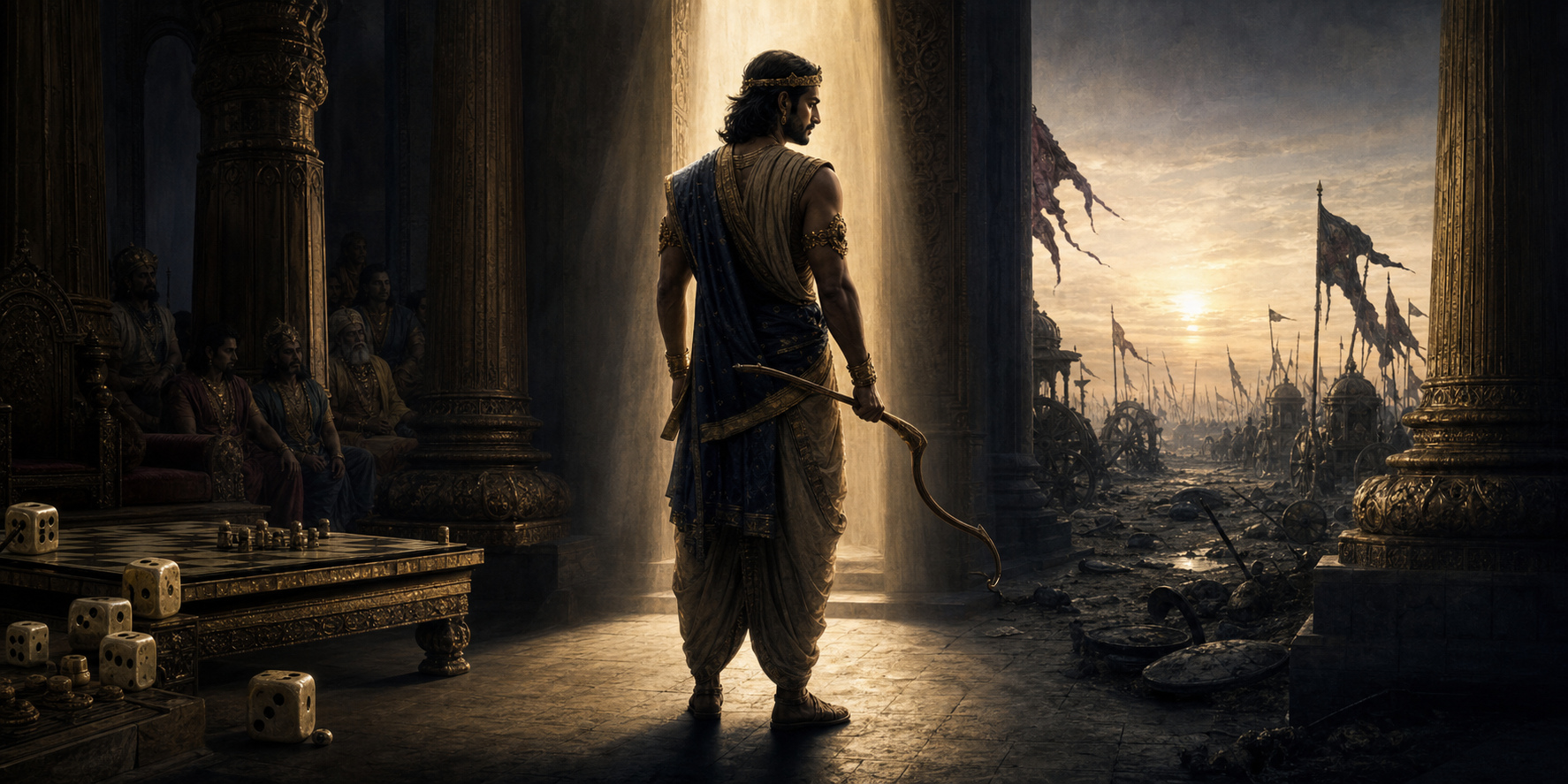 An ancient Indian royal figure stands between a shadowed dice hall and a dawn-lit battlefield, contemplating two opposing paths.