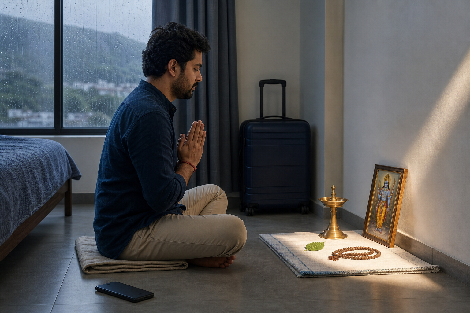 A traveler practices a simple Vishnu devotion in a guest room with folded hands, prayer beads, a tulsi leaf, and a packed suitcase nearby.