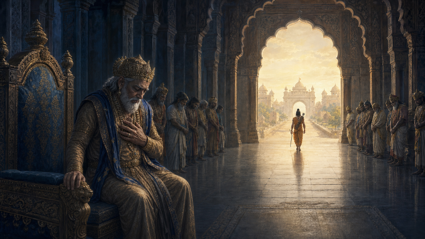 King Dasharatha sits in grief beside his throne while Rama, dressed for exile, walks through the distant palace gate as courtiers watch in silence.