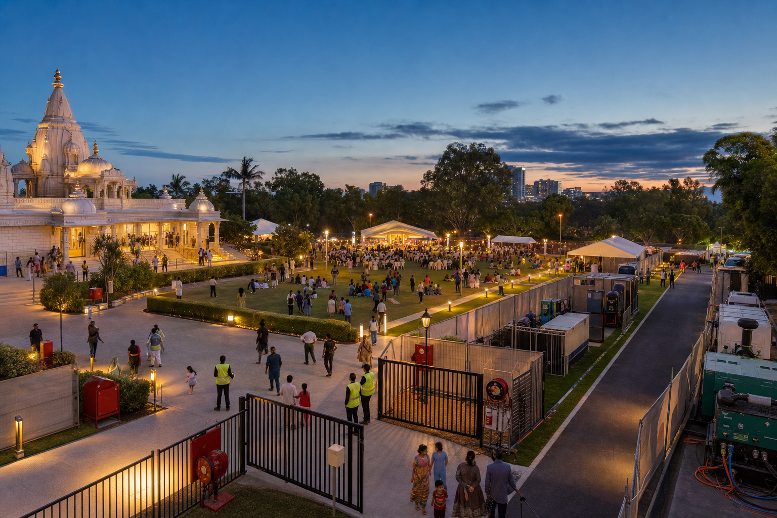 An evening temple festival uses illuminated paths, open access lanes, discreet security equipment, fire-safety points, and separated service areas around a busy lawn.