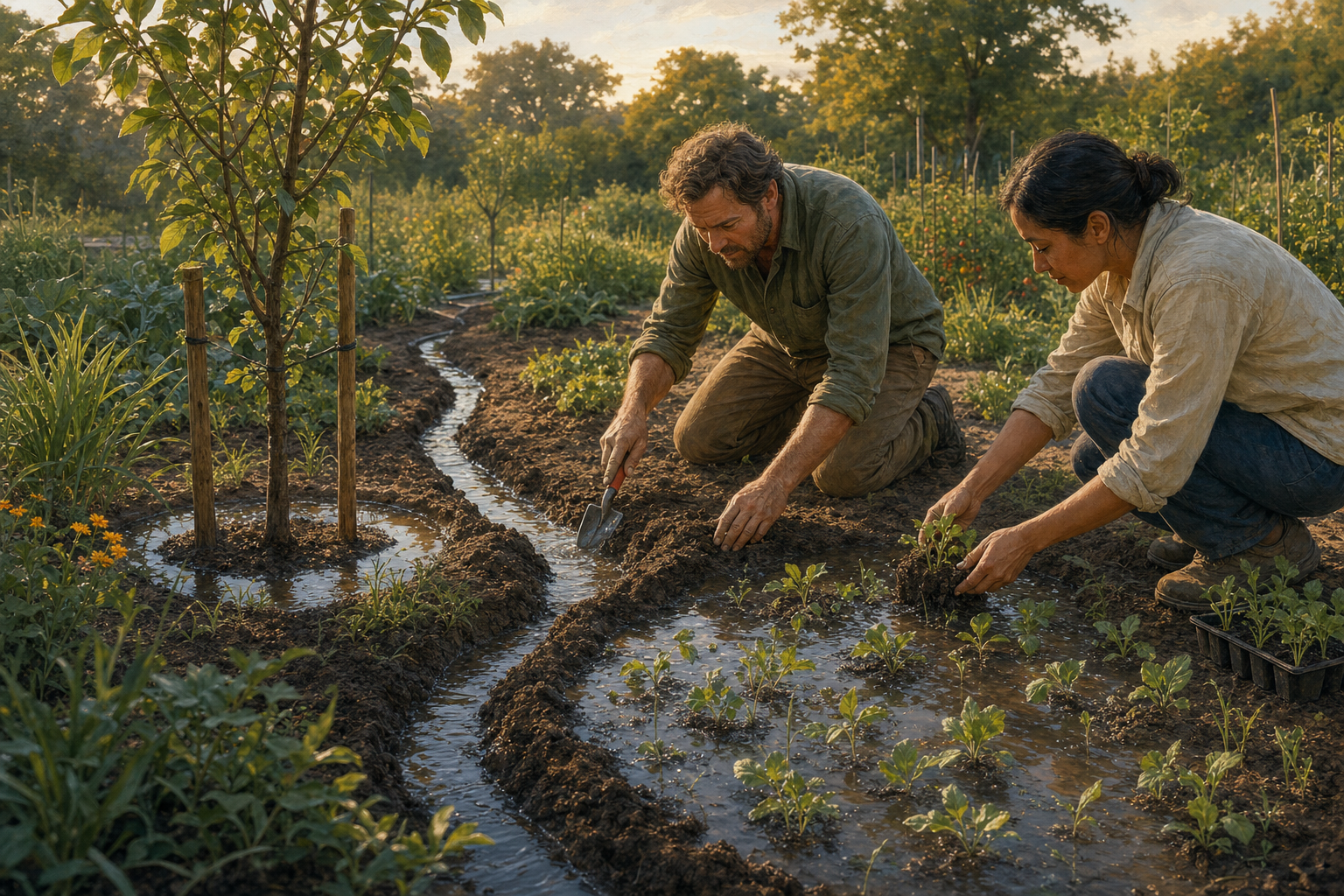 A gardener corrects an irrigation channel after water intended for a young tree floods a bed of smaller seedlings.