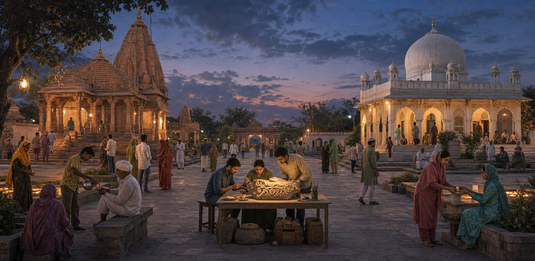 Residents share a stone walkway between a temple courtyard and a domed Sufi shrine while conservators examine an old carved fragment nearby.