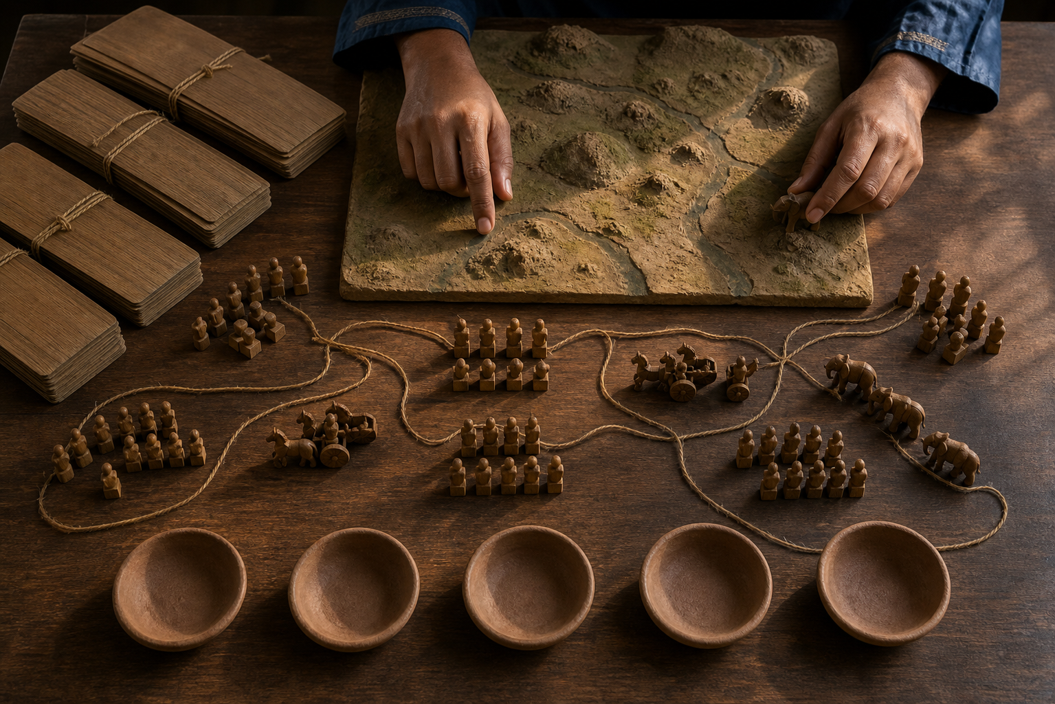 A researcher's hands examine an unlabeled terrain model and wooden troop pieces beside closed palm-leaf manuscript bundles on a lamplit table.