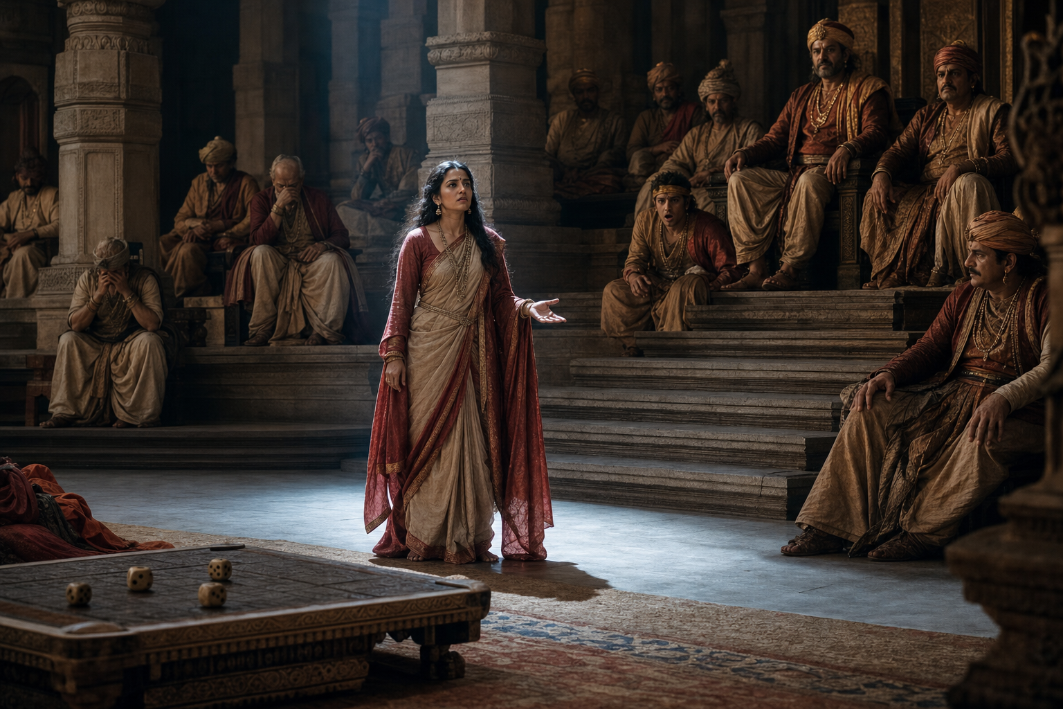 A resolute royal woman stands alone before seated courtiers in a shadowed ancient assembly hall as dice lie on a gaming board.