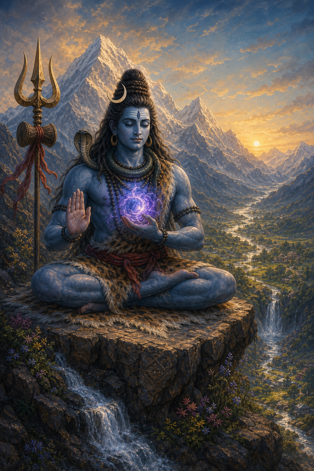 Shiva meditates on a Himalayan ledge, containing a sphere of turbulent energy near his heart while extending a reassuring hand above a river valley.