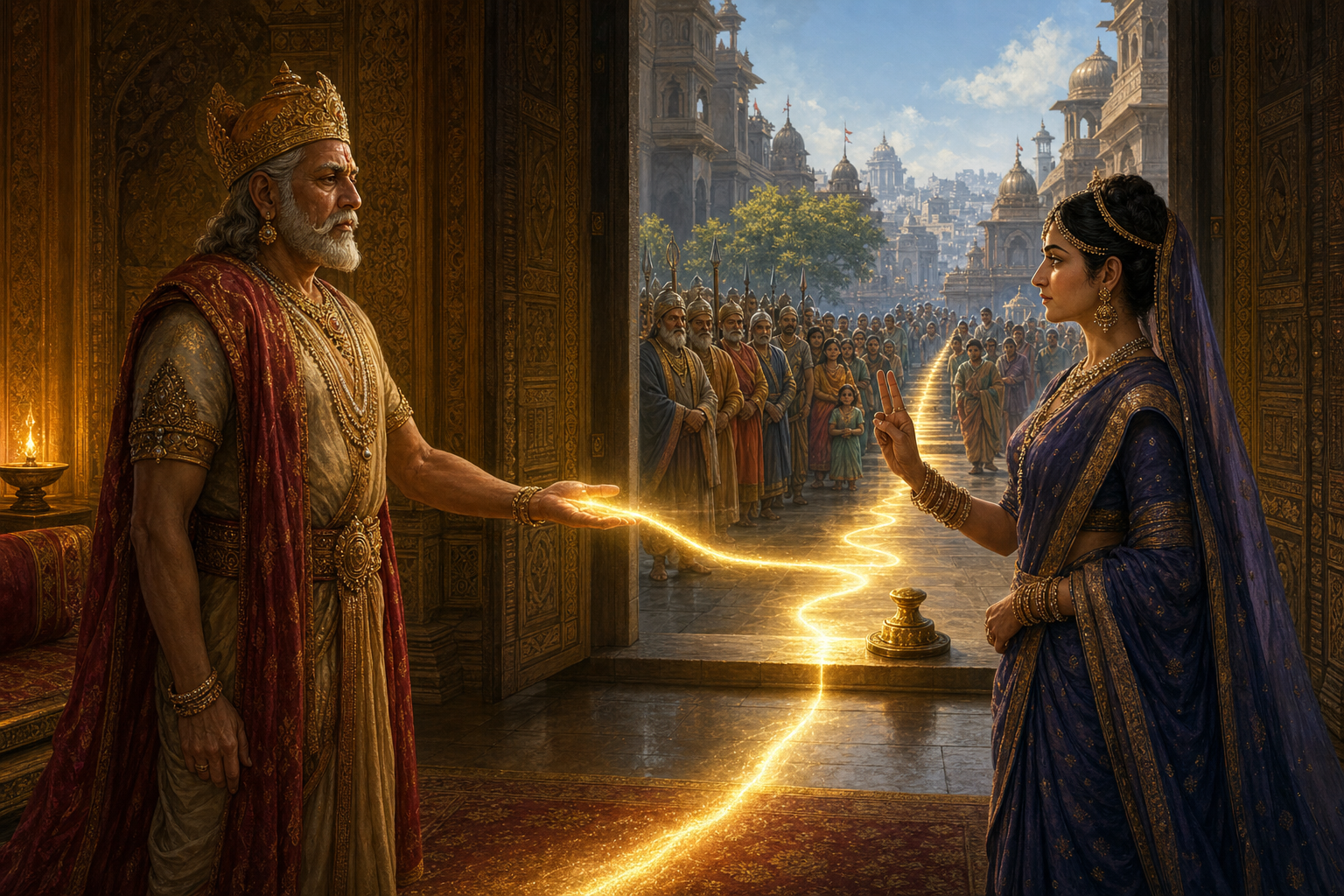 Dasharatha gives his word to Kaikeyi in a palace chamber while open doors reveal ministers and citizens waiting in the royal court beyond.