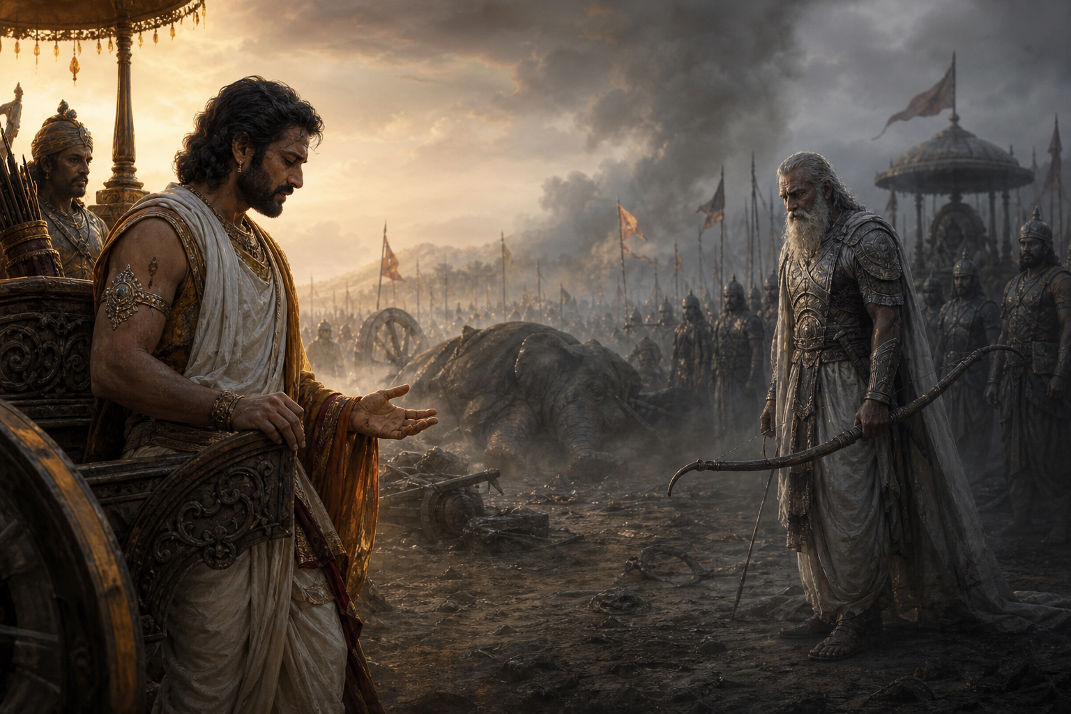 A warrior-king speaks beside his chariot while an elderly battlefield teacher lowers his bow amid dust and silent soldiers.