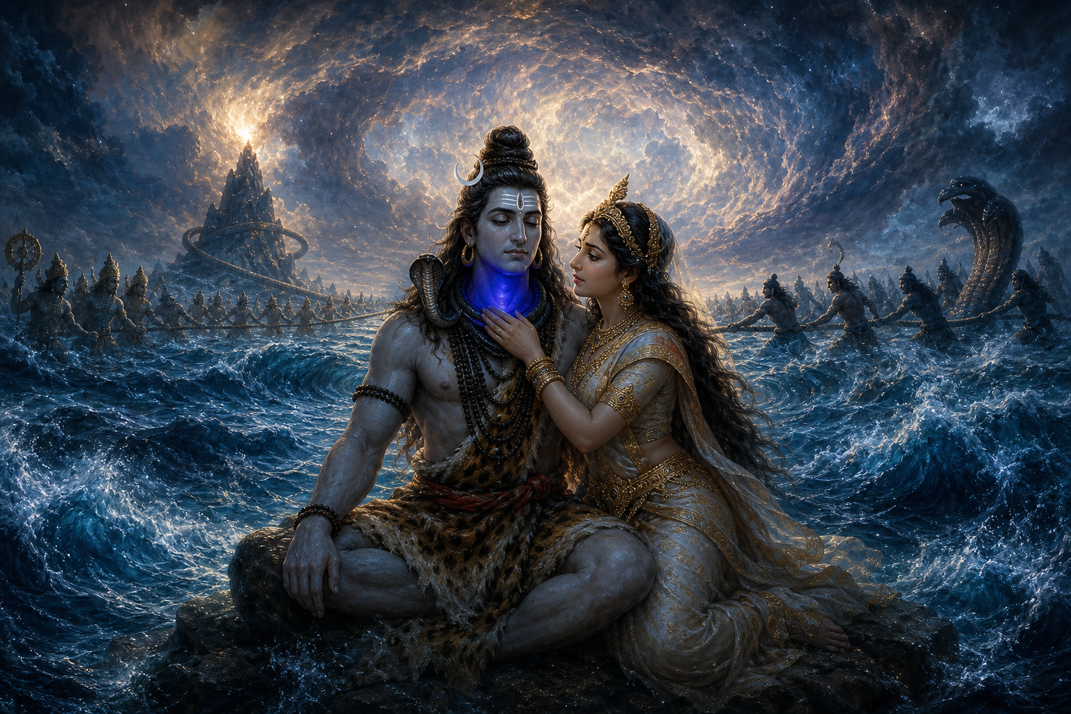 Shiva contains luminous blue poison at his throat as Parvati stands protectively beside him amid the turbulent churning of the cosmic ocean.