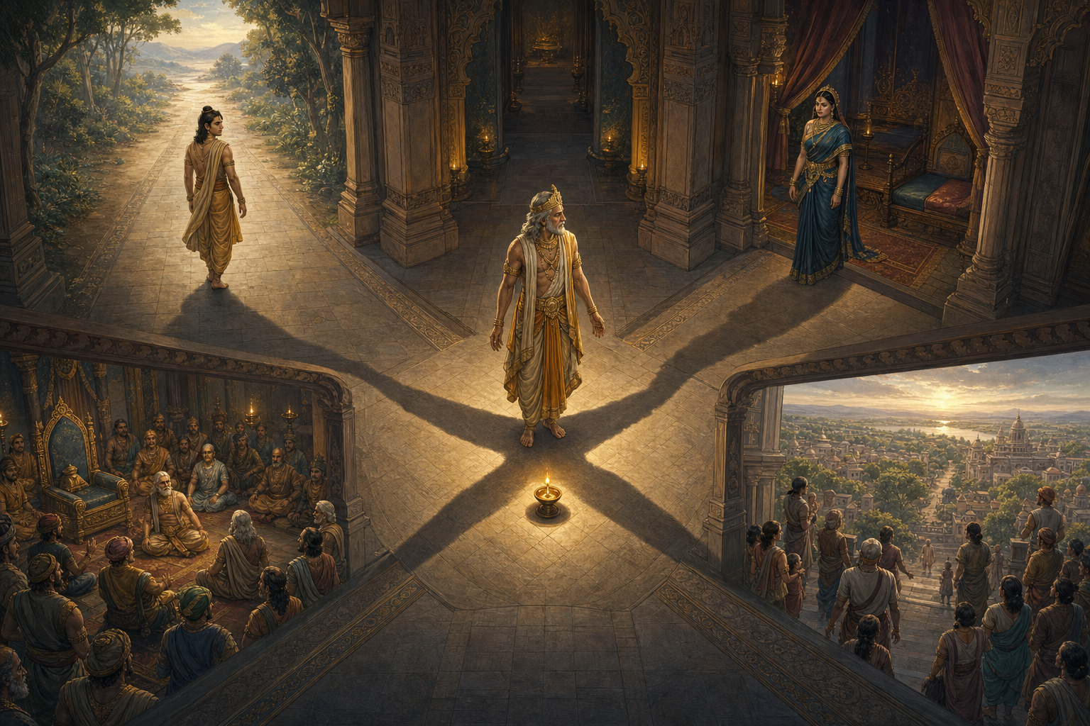 Dasharatha stands at the center of four palace corridors leading toward Rama, Kaikeyi, the royal court, and the families of the kingdom.
