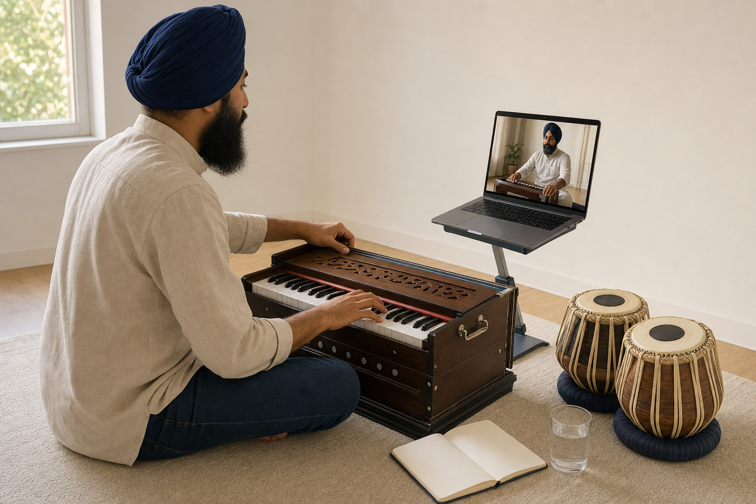 A Sikh learner practices Gurbani Kirtan on a harmonium at home while a teacher demonstrates through a laptop video call.