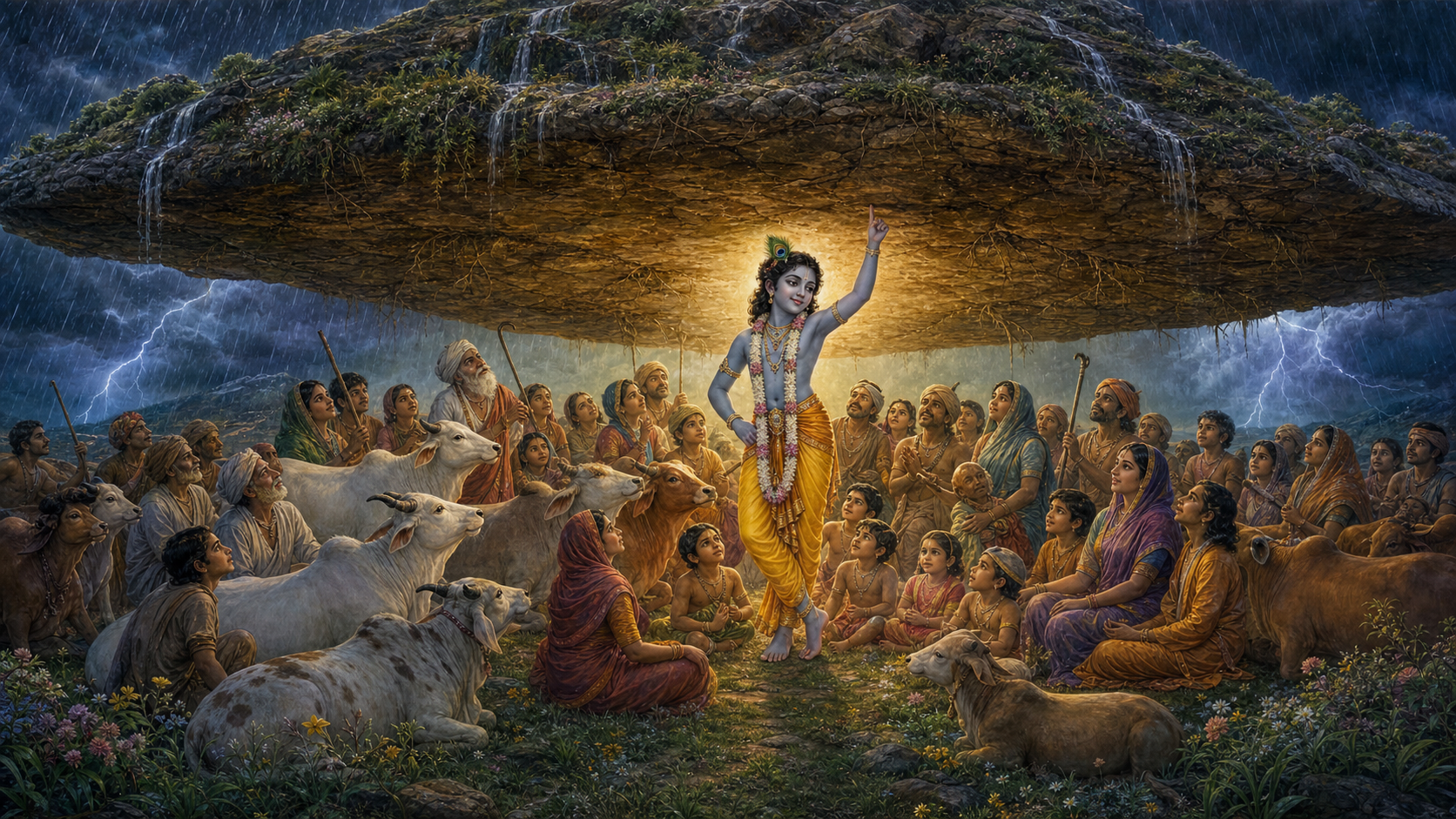 Krishna gracefully lifts Govardhan Hill on his raised left little finger while the people and cows of Vraja shelter beneath it from a dark monsoon storm.
