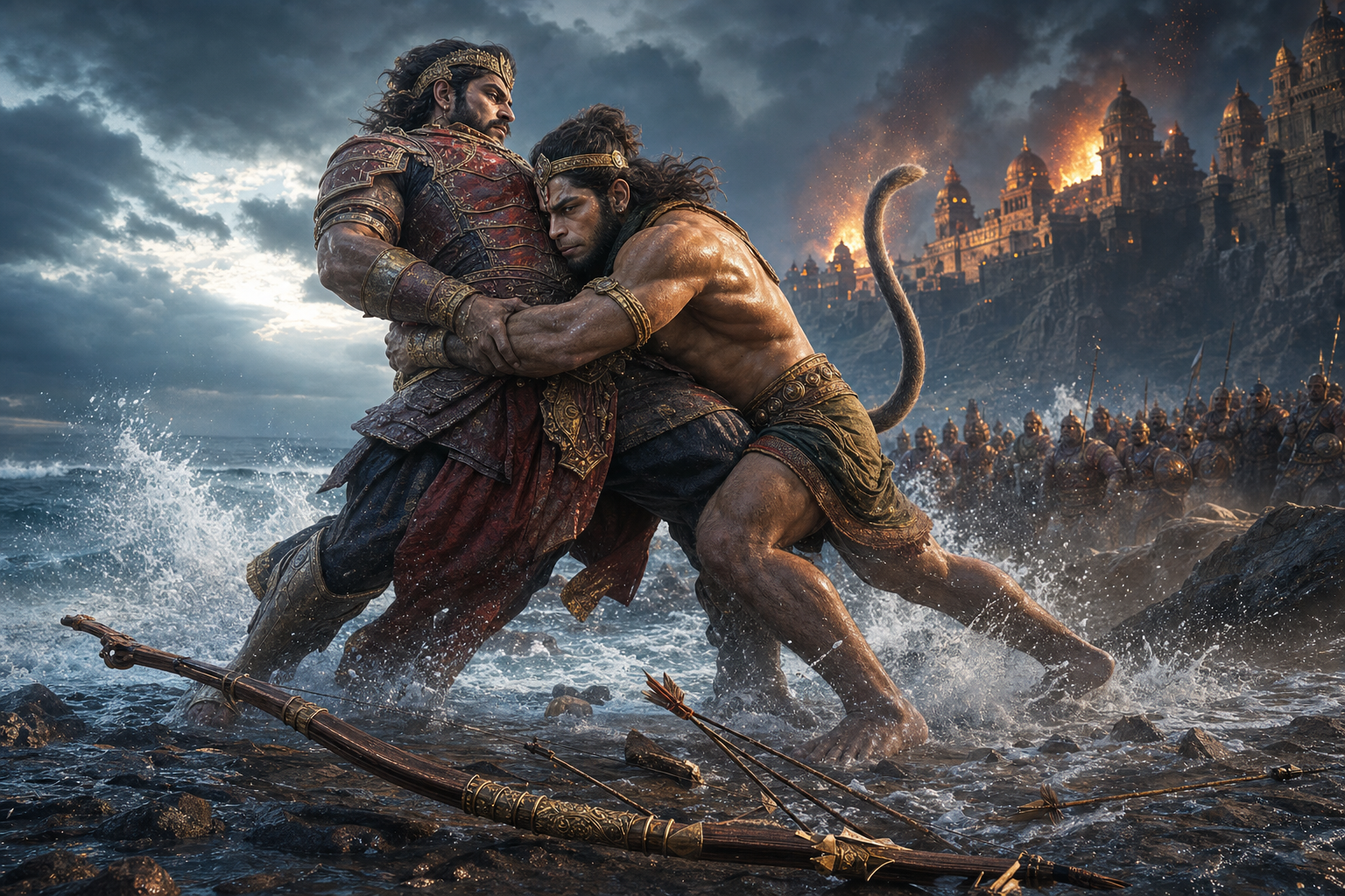 Sugriva wrestles the armored rakshasa prince Kumbha beside the shore after closing past Kumbha's arrows.