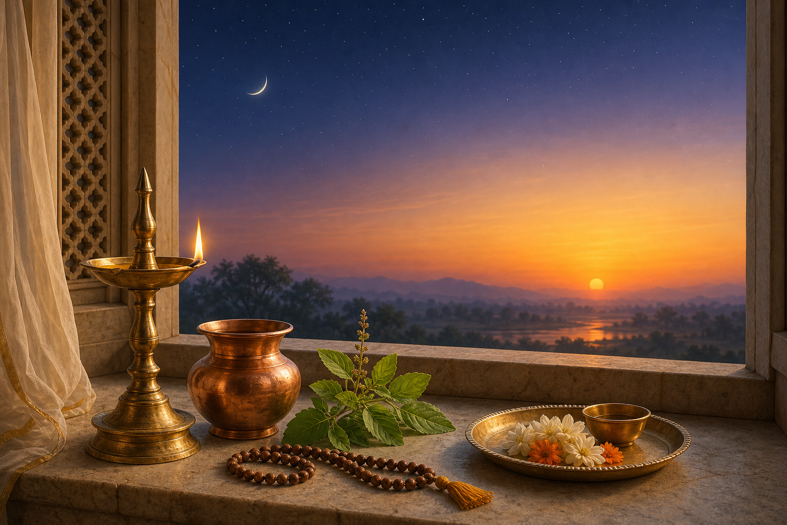 A brass oil lamp, copper vessel, tulsi leaves, prayer beads, and offering plate beside a window at sunrise under a fading moon.