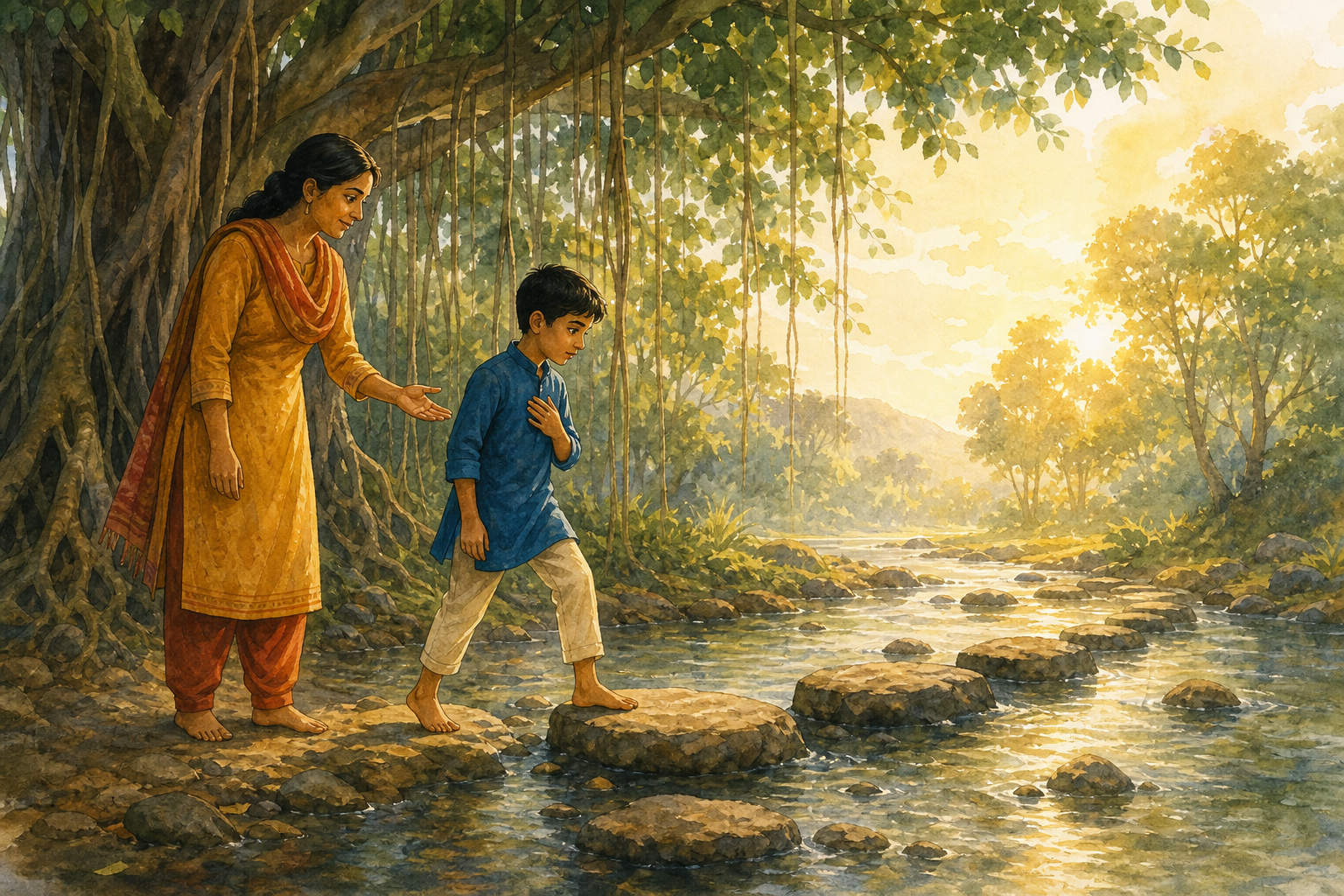 A parent calmly supports a child taking a careful step across a shallow woodland stream at sunrise.