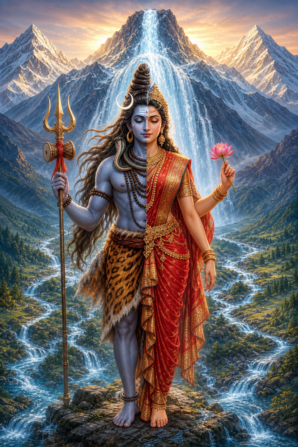 Ardhanarishvara stands in a balanced half-Shiva, half-Parvati form while the Ganga flows from the matted hair into gentle streams below.