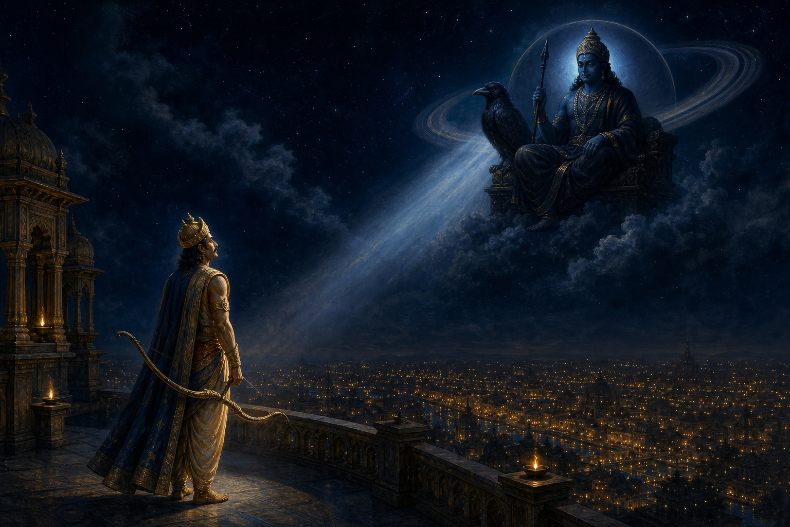 Dasharatha stands beneath a dark night sky as the celestial figure Shani, accompanied by a crow and Saturn, looks down over the king and the lamps of Ayodhya.