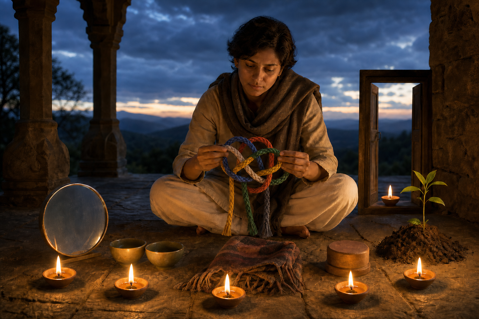 A contemplative person examines six interwoven cords beside six oil lamps illuminating objects associated with truth, fairness, care, duty, accountability, and consequences.