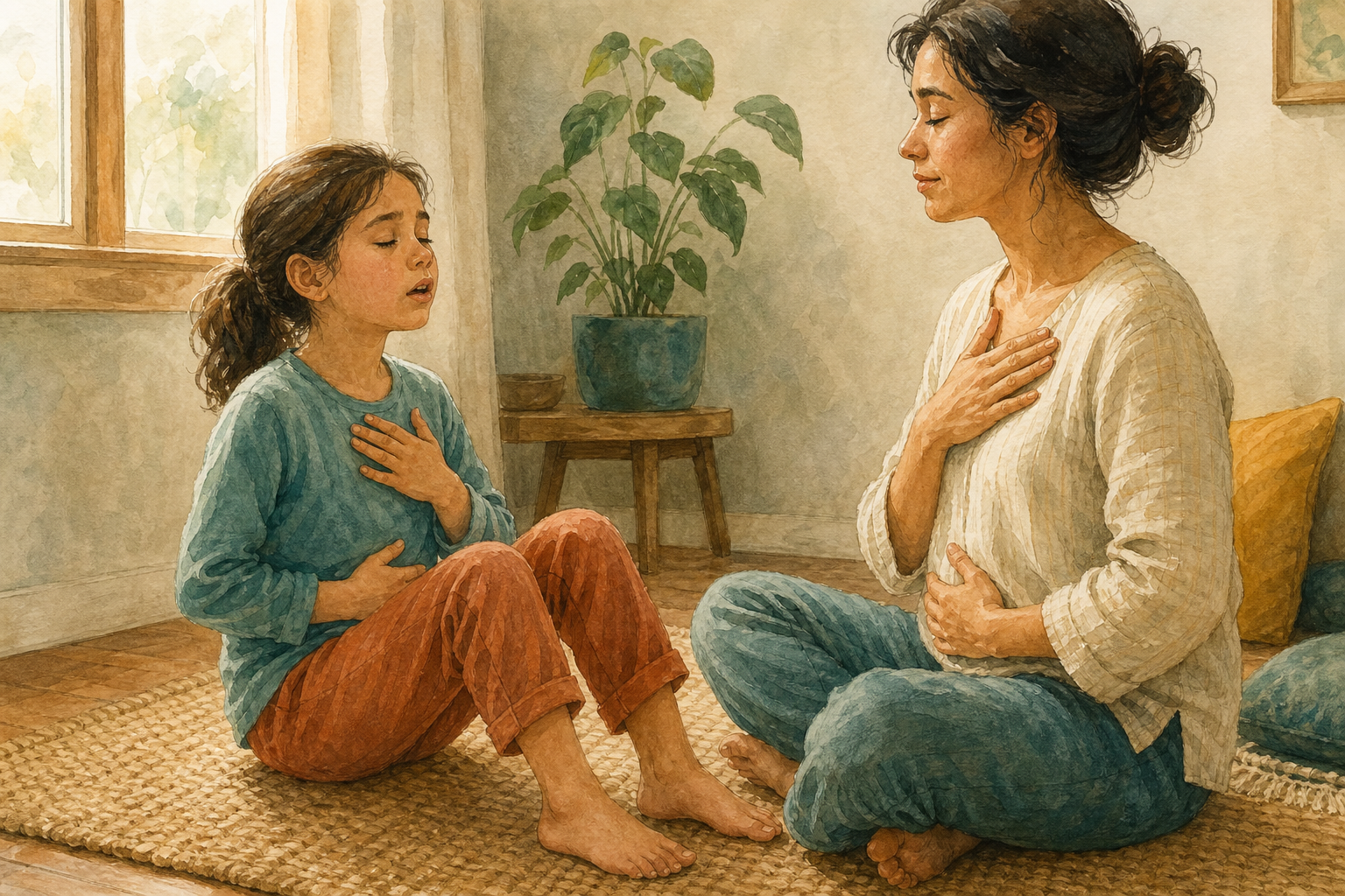 A child practices slow breathing with both feet grounded while a parent calmly models the exercise nearby.