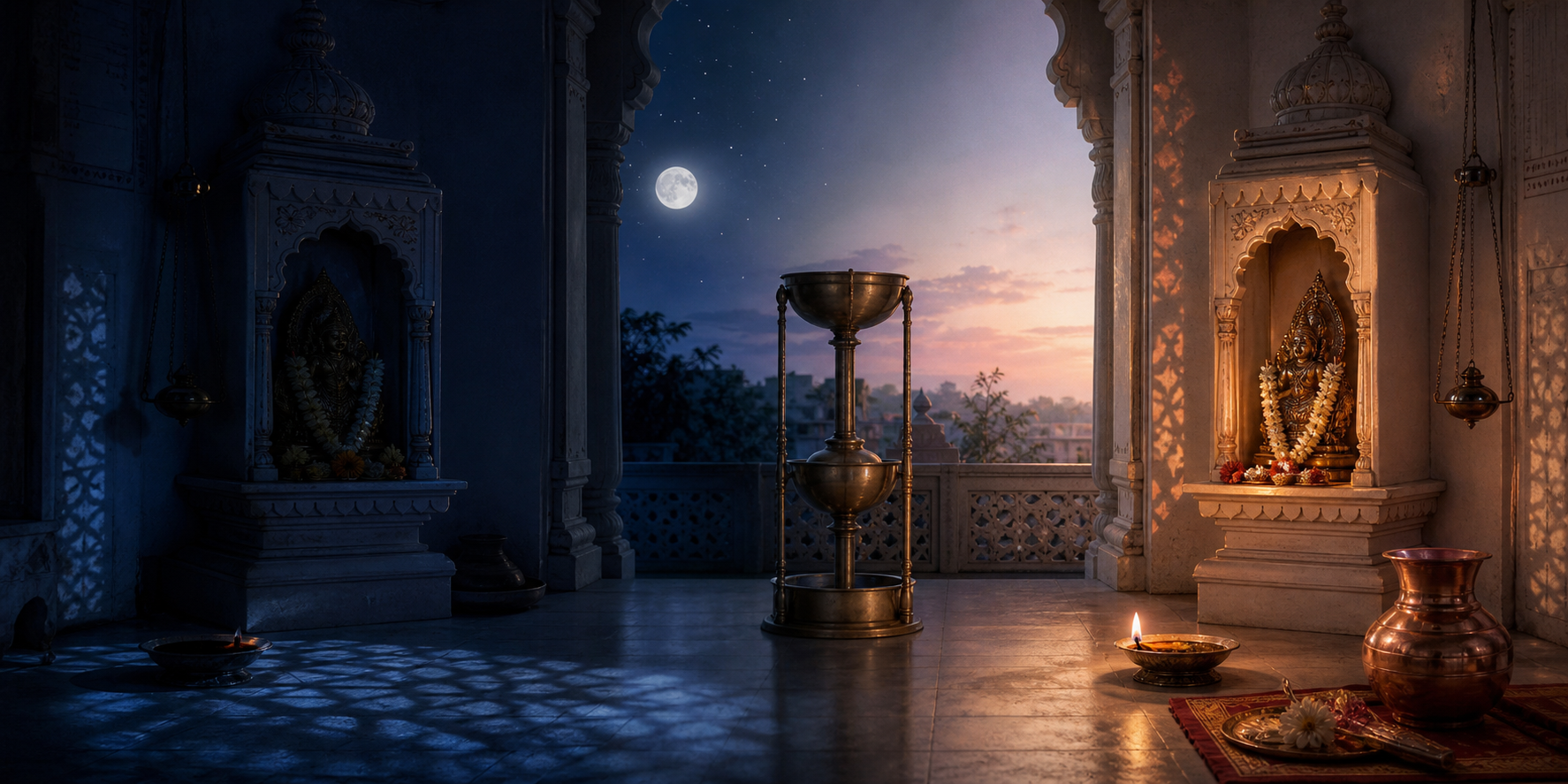 A household shrine changes from moonlit night to predawn light beside a brass water clock without numerals.