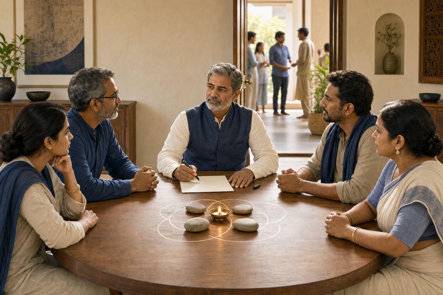 A decision-maker pauses over a blank document while listening to family, education, workplace, and community representatives seated around a table.
