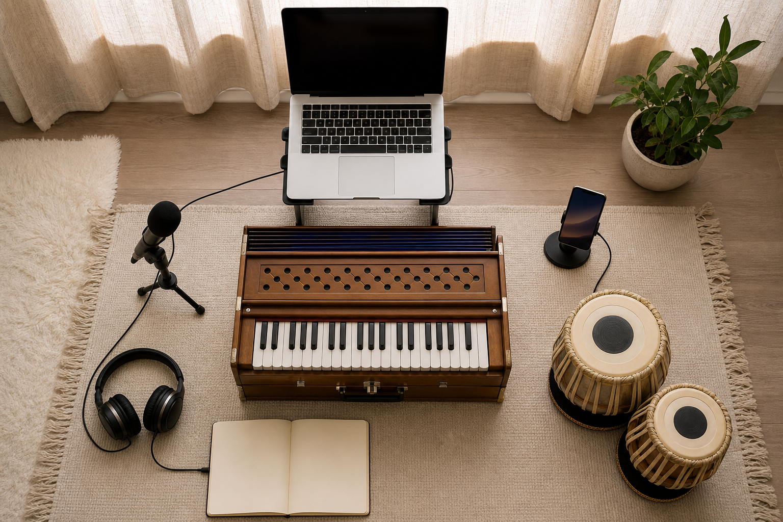 A harmonium, laptop, microphone, headphones, phone stand, and tabla form a simple home setup for online Kirtan practice.