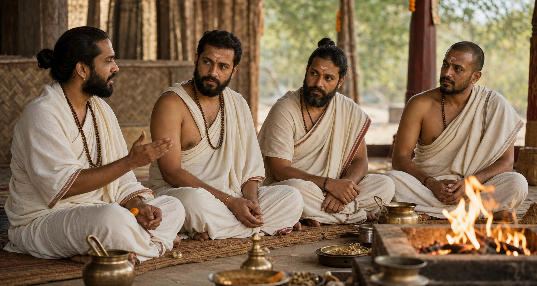 Four Vedic priests coordinate recitation duties beside a ritual fire enclosure.