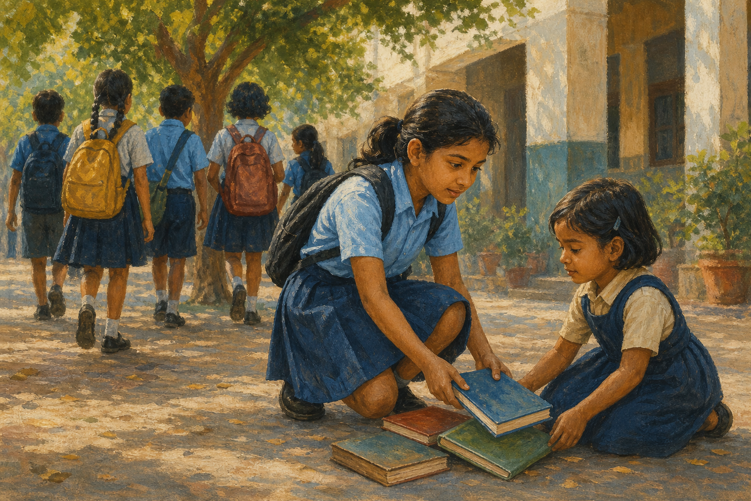 A school-age child chooses to help a younger student gather dropped books in a school courtyard.