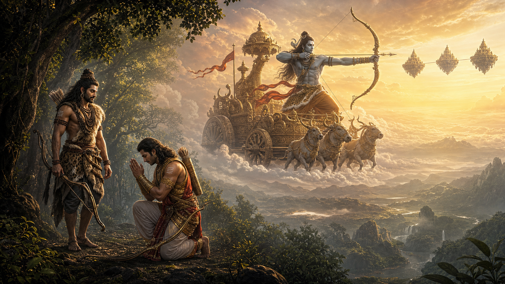 Shiva as the forest hunter Kirata faces a humbled Arjuna in the foreground, while a symbolic Tripurantaka draws a bow toward three distant aligned fortresses.