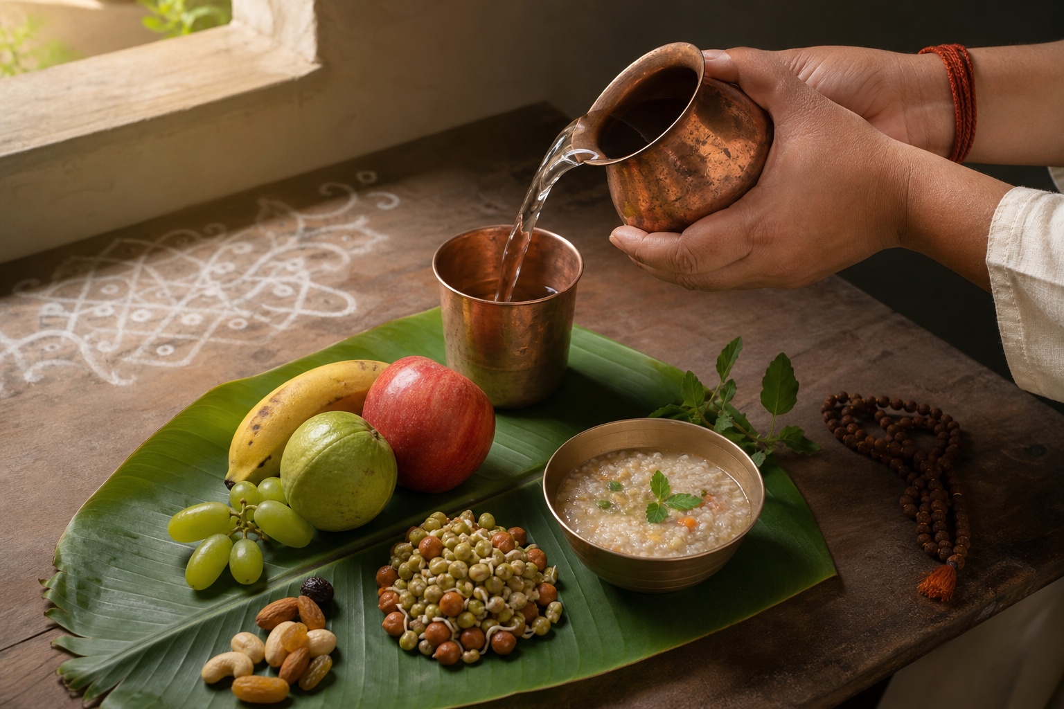 Hands pour water from a copper vessel beside tulsi leaves, prayer beads, fruit, and a simple sattvic morning meal.