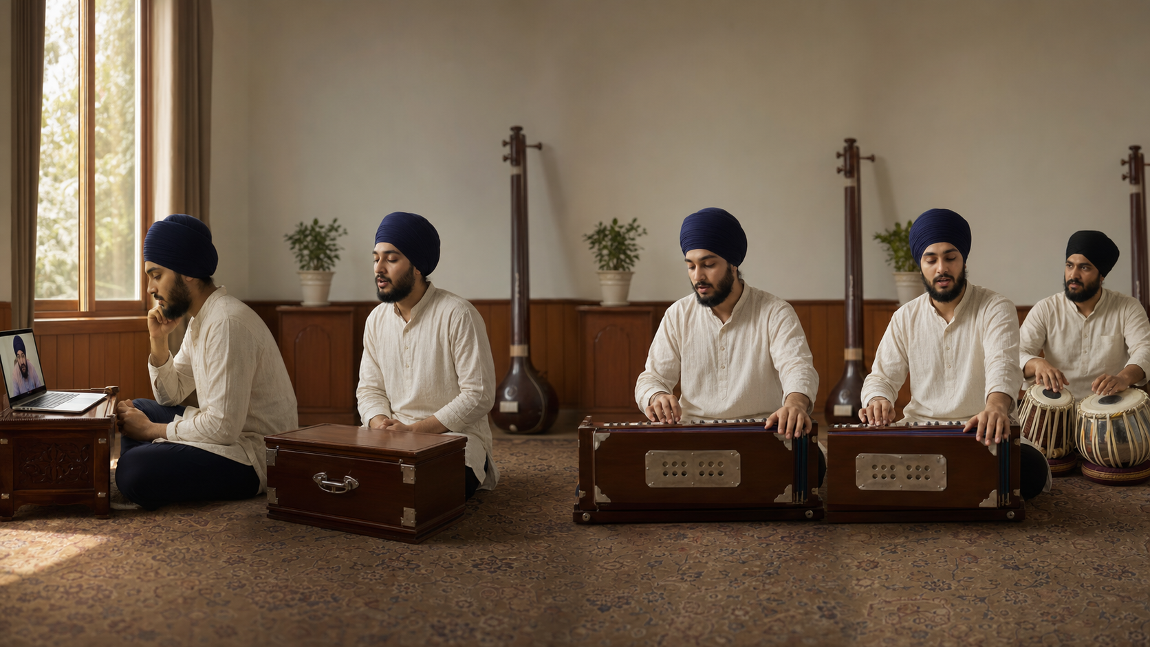 Four connected practice moments show a Sikh learner listening, refining pronunciation, playing a harmonium melody, and rehearsing with tabla.