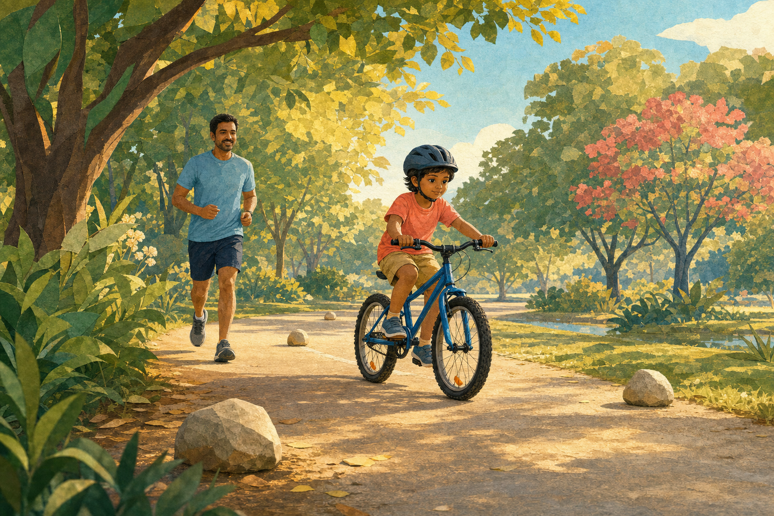 A helmeted child practices riding a bicycle on a gentle park path while a parent stays close behind.