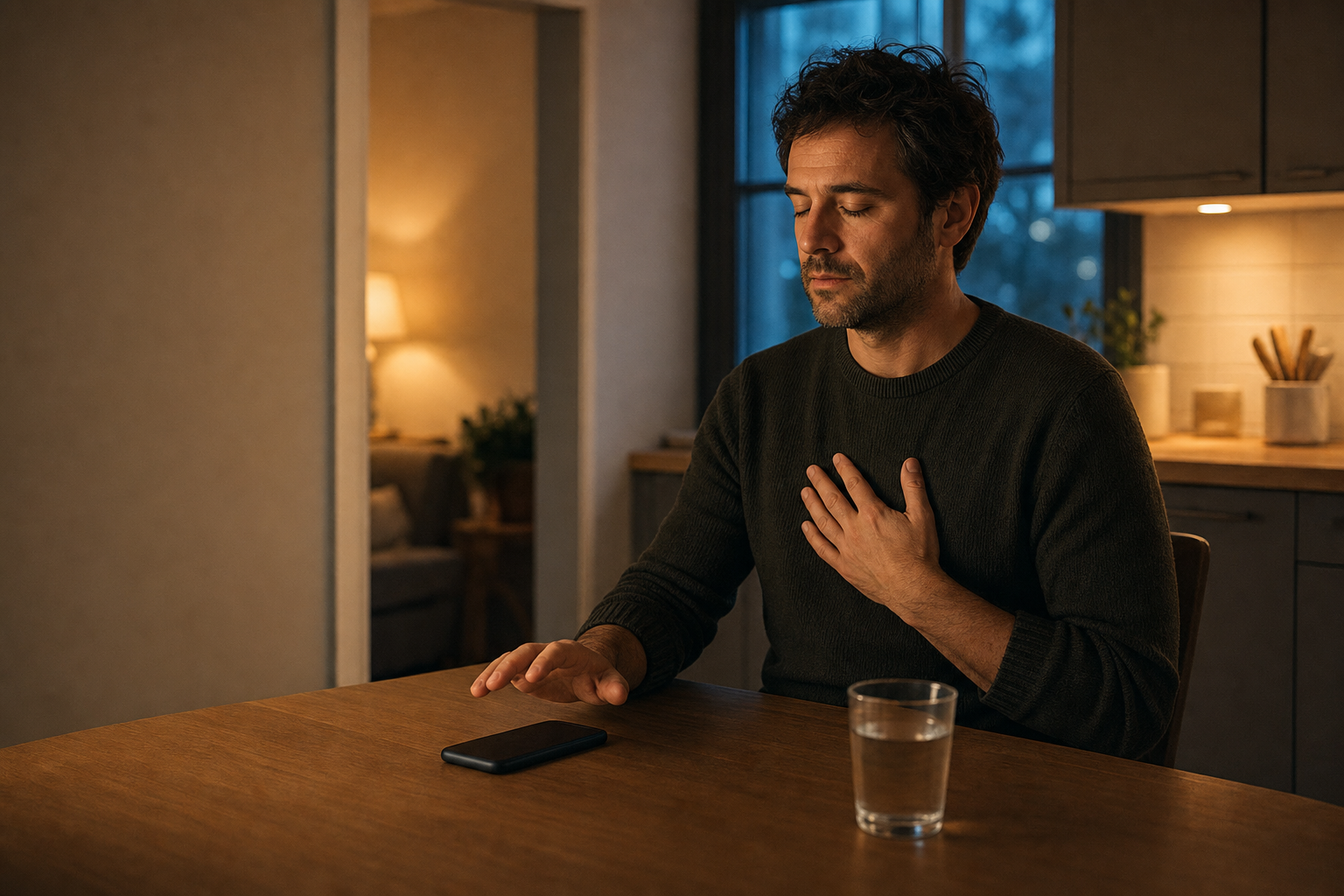 An adult pauses with one hand above a face-down phone and the other resting on their chest at a softly lit kitchen table.