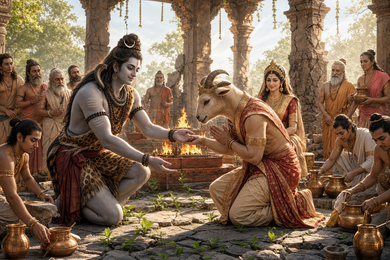 Shiva offers a hand to the revived goat-headed Daksha in a damaged sacrificial pavilion as sages restore the altar around them.