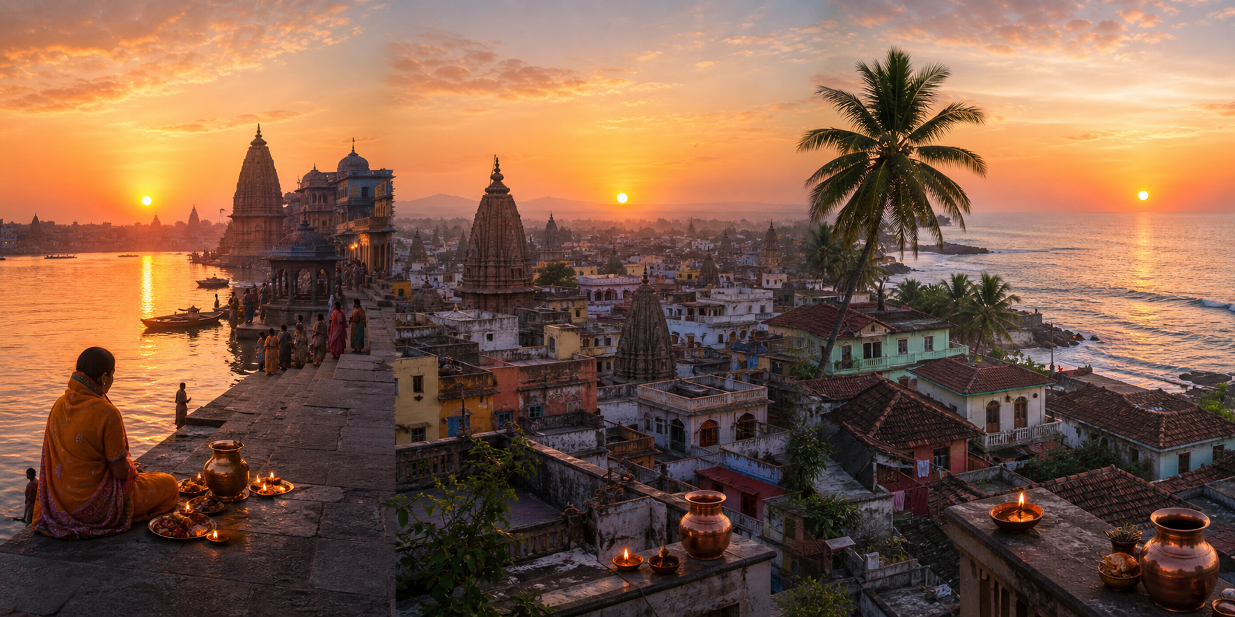 Three different Indian city landscapes at dawn show the sun at slightly different heights above their horizons.