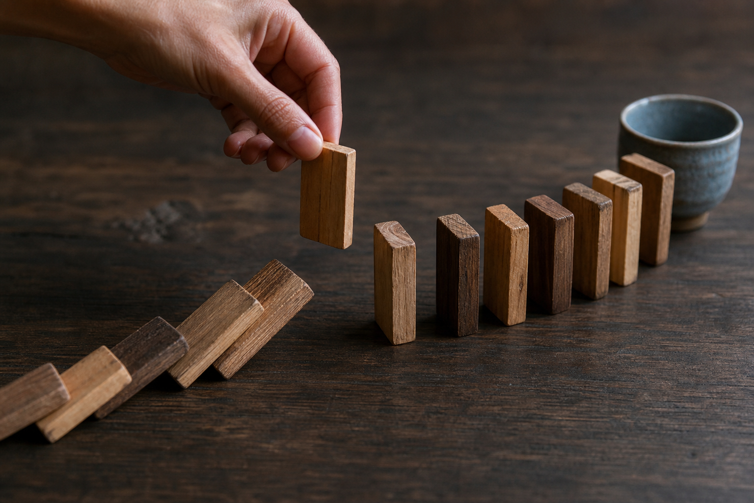 A hand removes a wooden tile from a falling sequence before it reaches a ceramic cup.