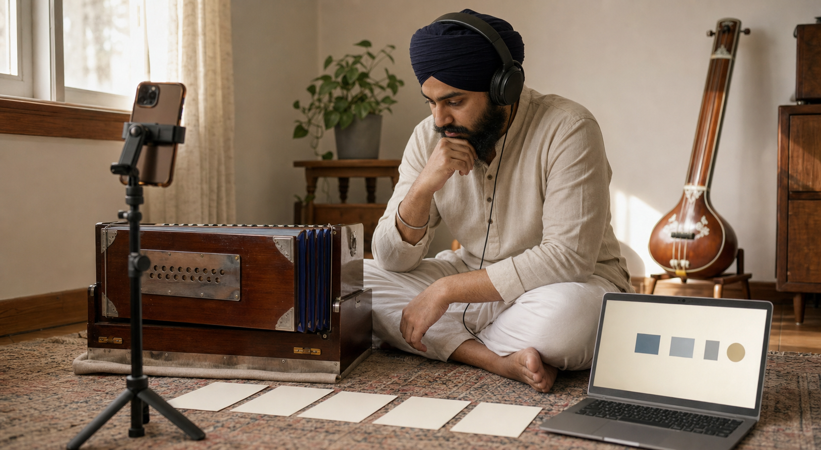 A Sikh learner listens to a recorded harmonium practice session through headphones while reviewing an organized weekly routine.