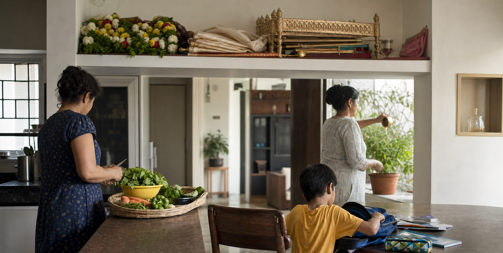 Ceremonial decorations rest folded on a shelf while family members continue cooking, gardening, and school preparation at home.