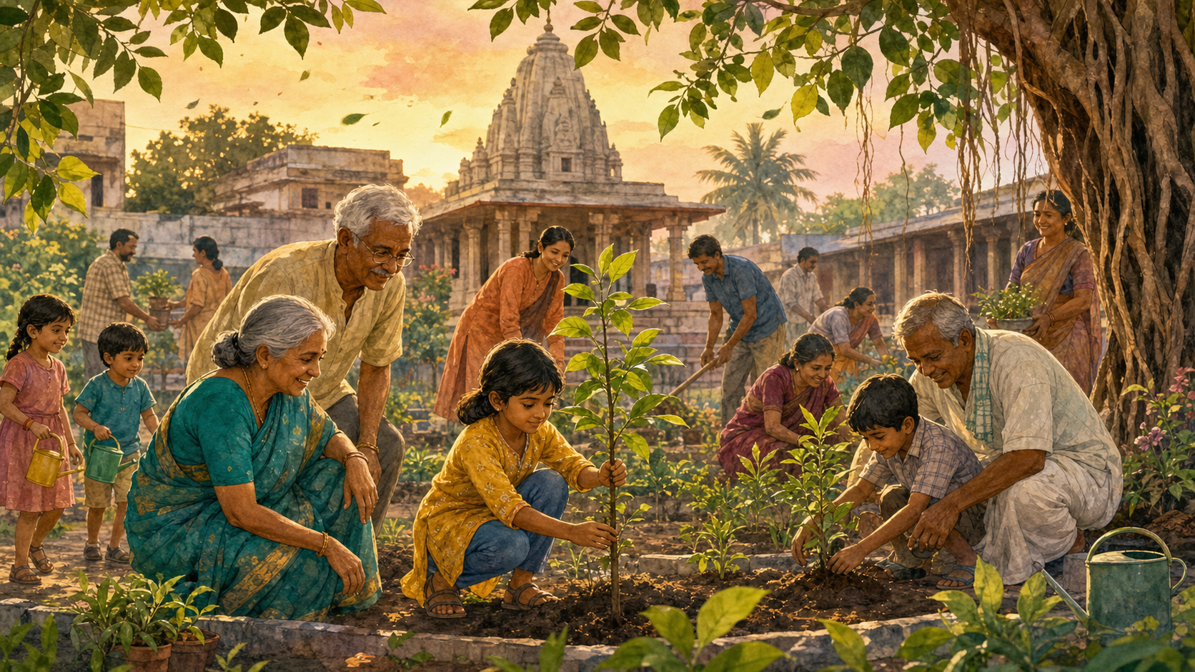Children, parents, elders, and neighbors tend a community garden together as one child steadies a young sapling.