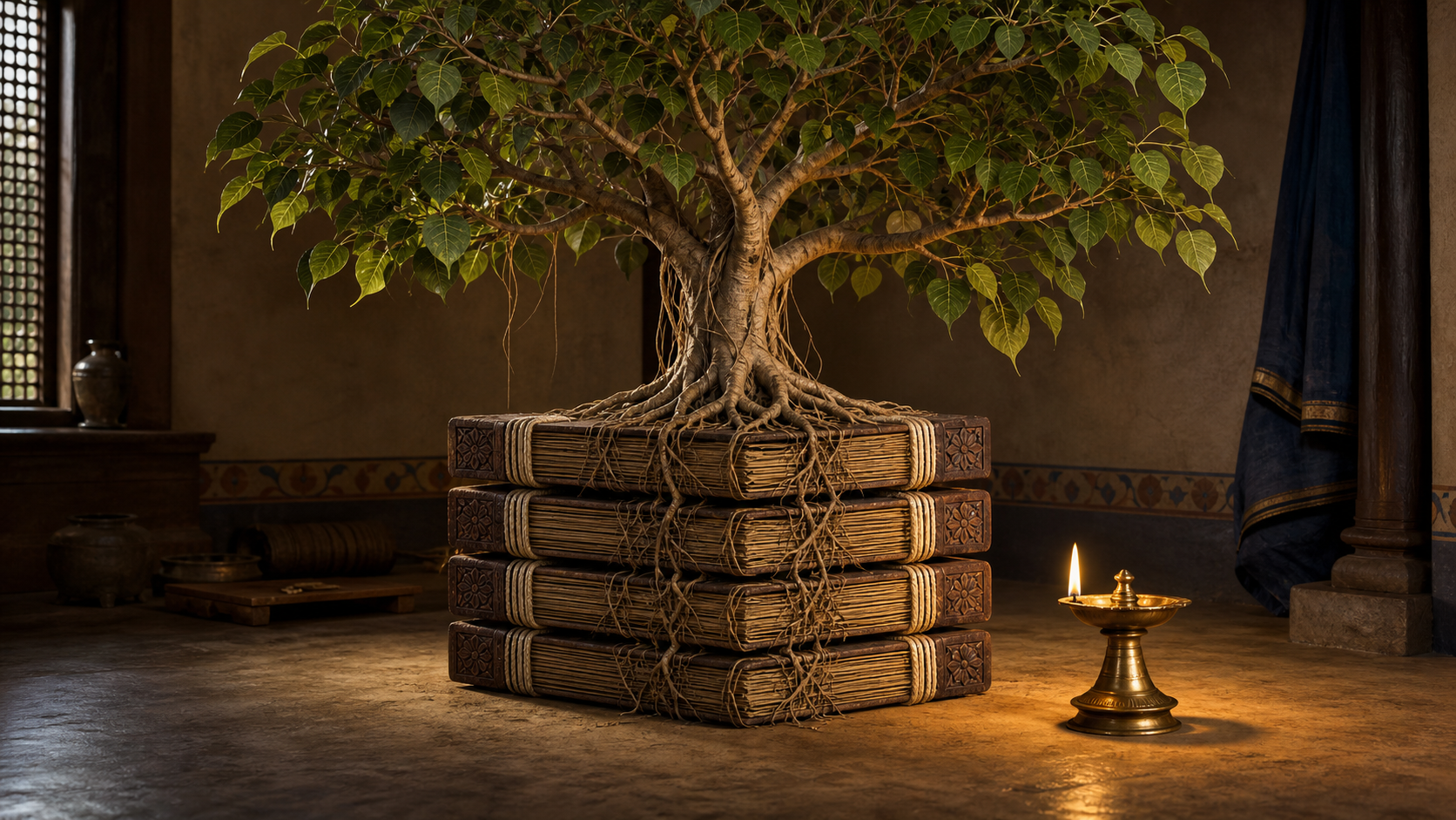 A luminous fig tree rises from four stacked palm-leaf manuscript bundles beside a brass oil lamp in a quiet study.