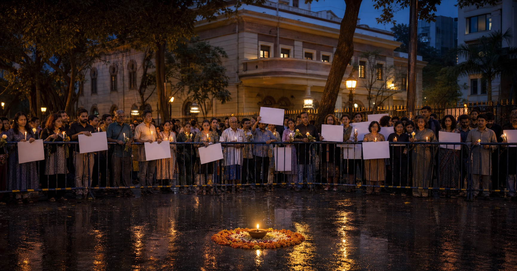 Peaceful demonstrators hold candles and blank placards behind barricades in Kolkata, with an oil lamp and marigolds in the foreground.