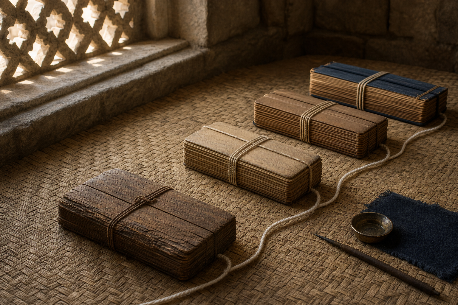 Four closed palm-leaf manuscript bundles of different ages are arranged in sequence on a woven mat and linked by a cotton cord.