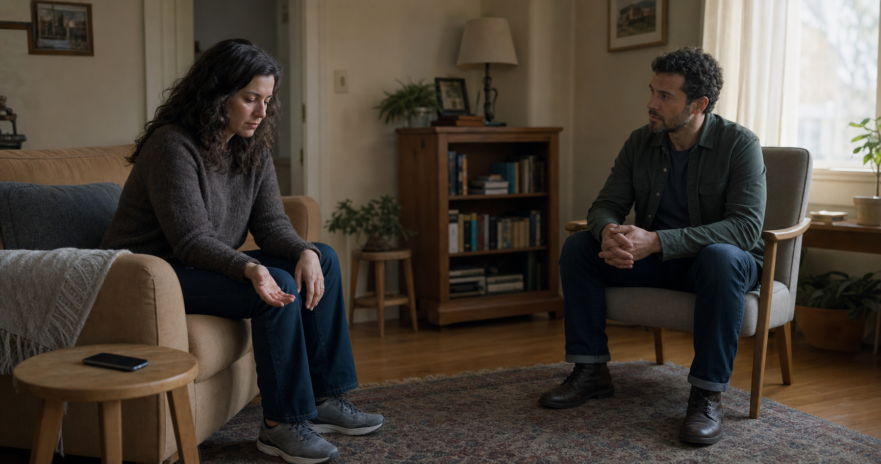 Two adults pause during a serious living-room conversation, with one person breathing quietly and keeping an open hand on their knee.