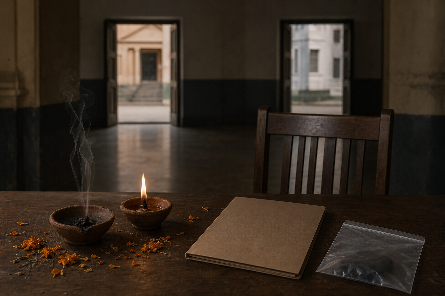 An empty chair, clay lamps, marigold petals and unmarked investigation materials sit in a dim institutional corridor.