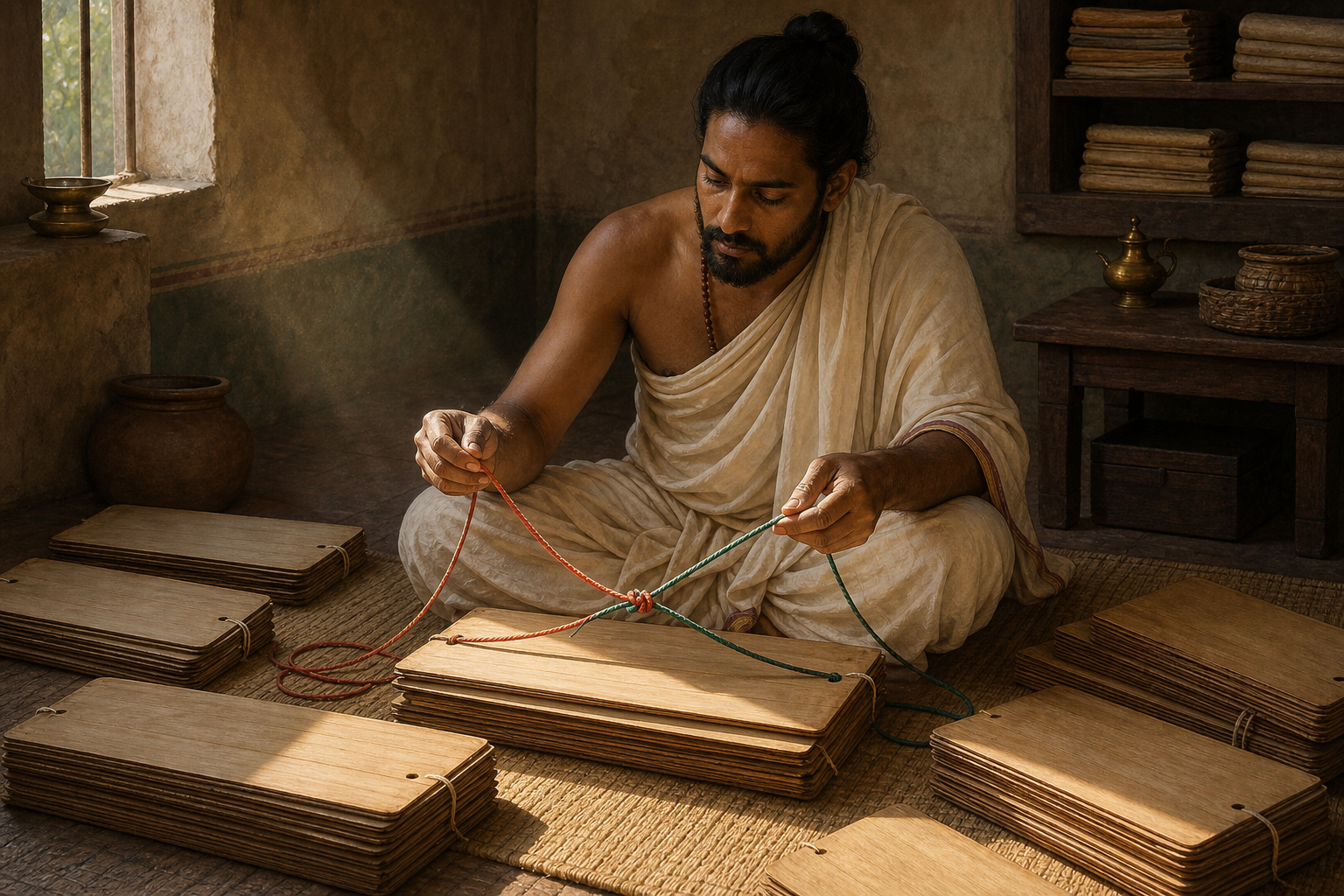 A seated premodern Indian scholar organizes two intertwined cords beside layered palm-leaf folios in a softly lit study.