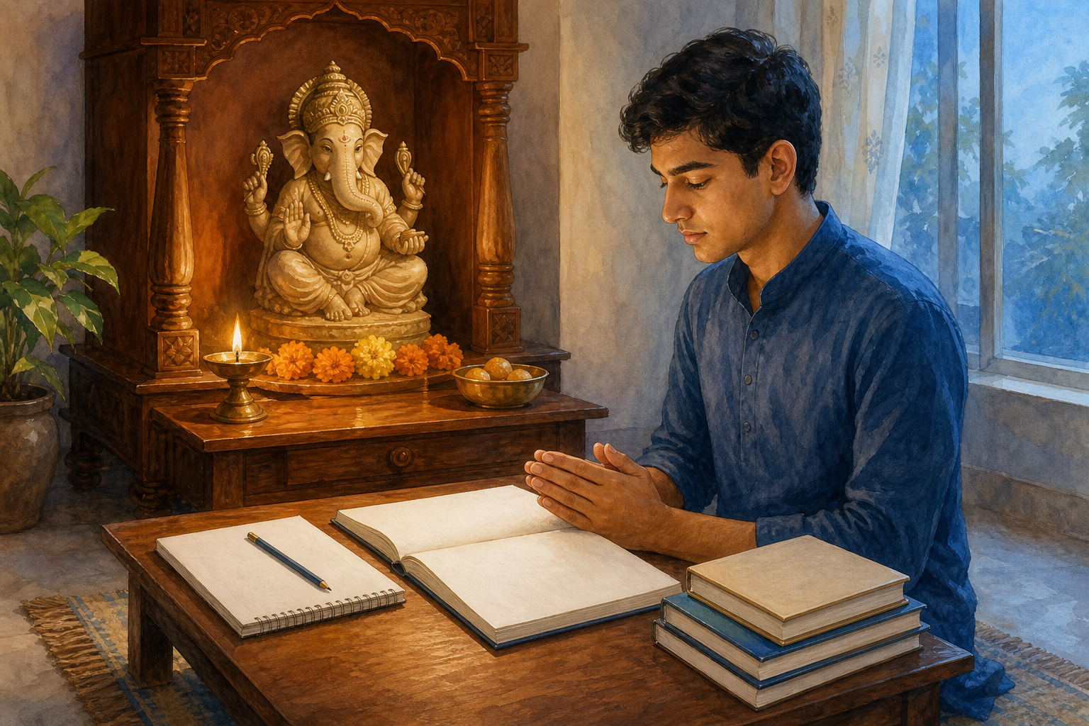 A learner sits at a low study desk before a Vidya Ganapati shrine at dawn, with an open book, notebook, pencil, flowers, and an oil lamp.