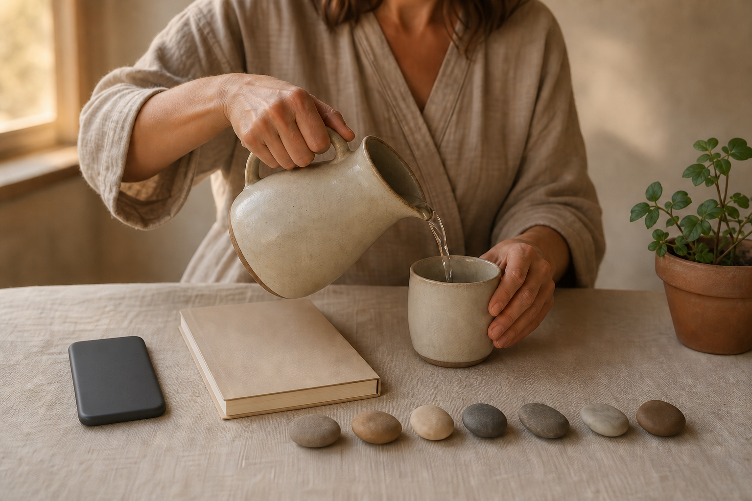 An adult pours water beside a face-down phone, an unmarked notebook, and a row of seven smooth pebbles in morning light.