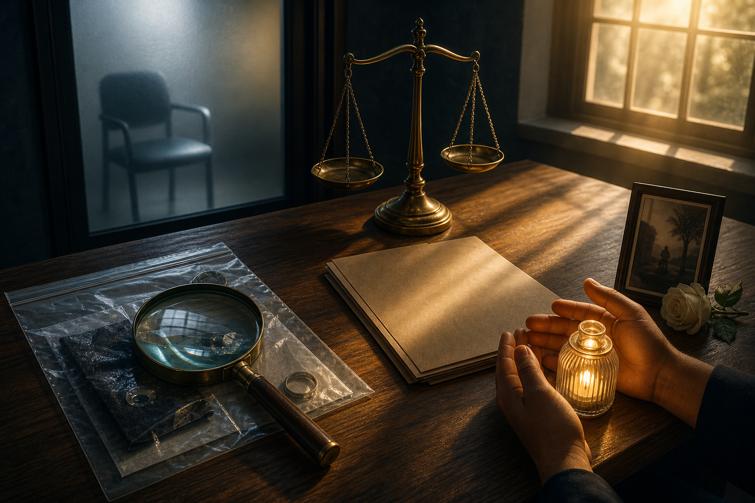 Five symbolic objects on a casework table represent evidence, witness protection, prosecution, transparency and family support.