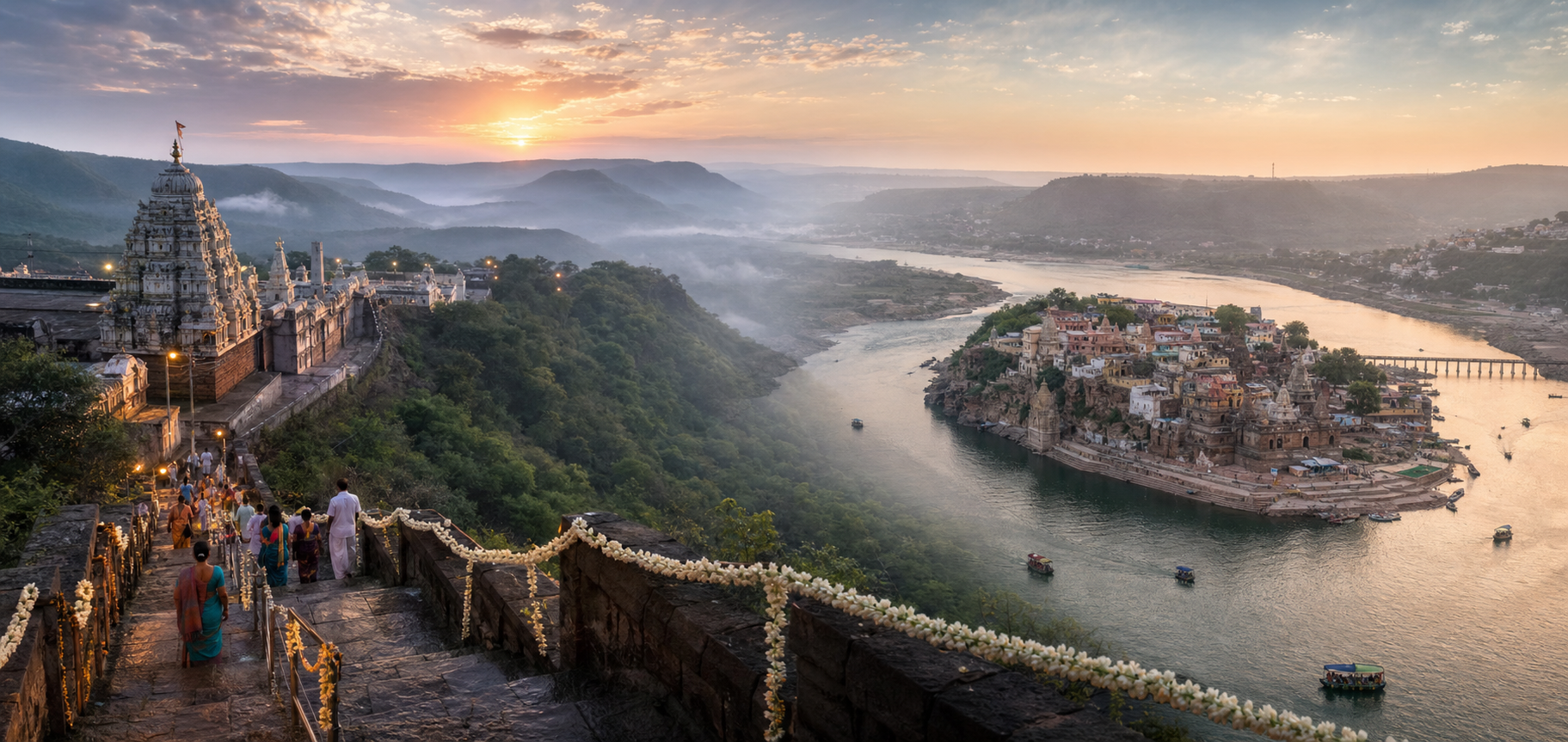 A paired landscape shows pilgrims climbing toward a forested hill temple on one side and visiting temples and ghats on a river island on the other.
